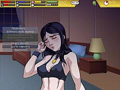 Gameplay av 3some med stora bröst och avsugning