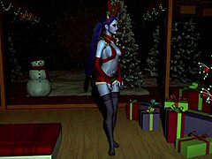 色っぽい未亡人がクリスマスにベッドルームで官能的に踊る