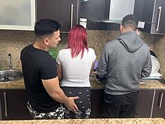 Husband's friend inappropriately touches milf while cooking