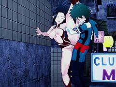 Izuku Midoriya se pridružita Mina Ashido in Momo Yaoyorozu za intenziven trojček v hentai My Hero Academia