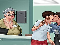 Summertimesaga mit Anime-Themen zeigt eine ältere Dame, der ein junger Mann ihre Zähne reißt und lutscht