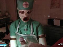 L'infermiera Jade Green in guanti da maschera fa un pugno anale e un pompino al paziente in un vestito di gomma